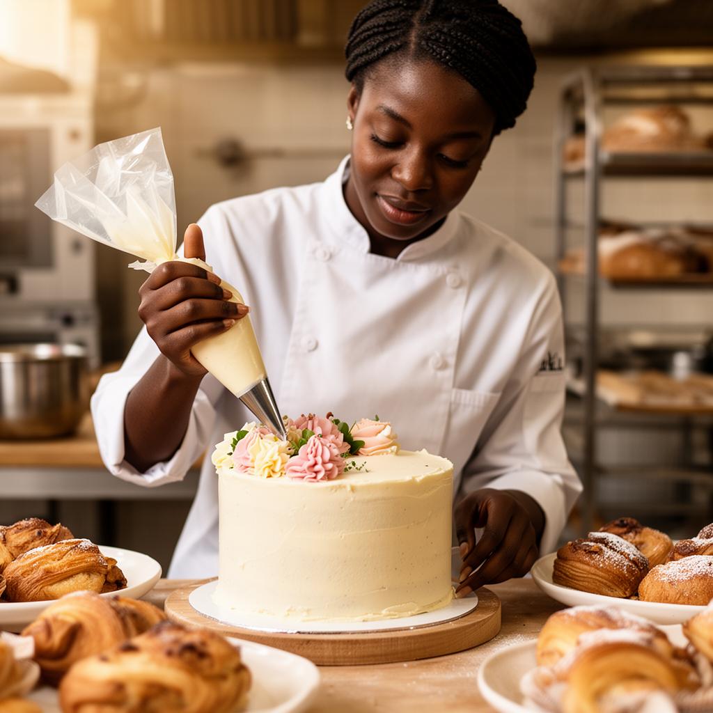 Baker piping frosting on a cake