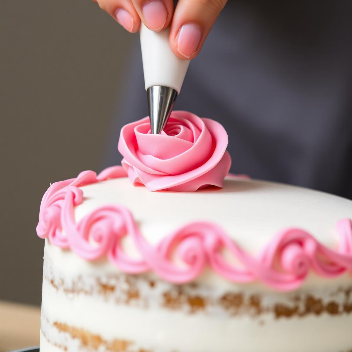 Pink rose piping on a white cake