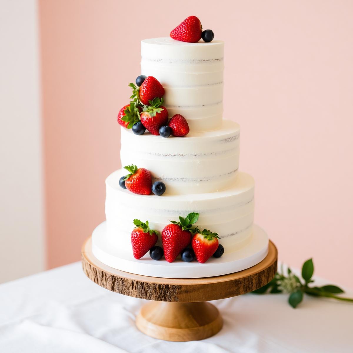 Three-tier wedding cake with strawberries